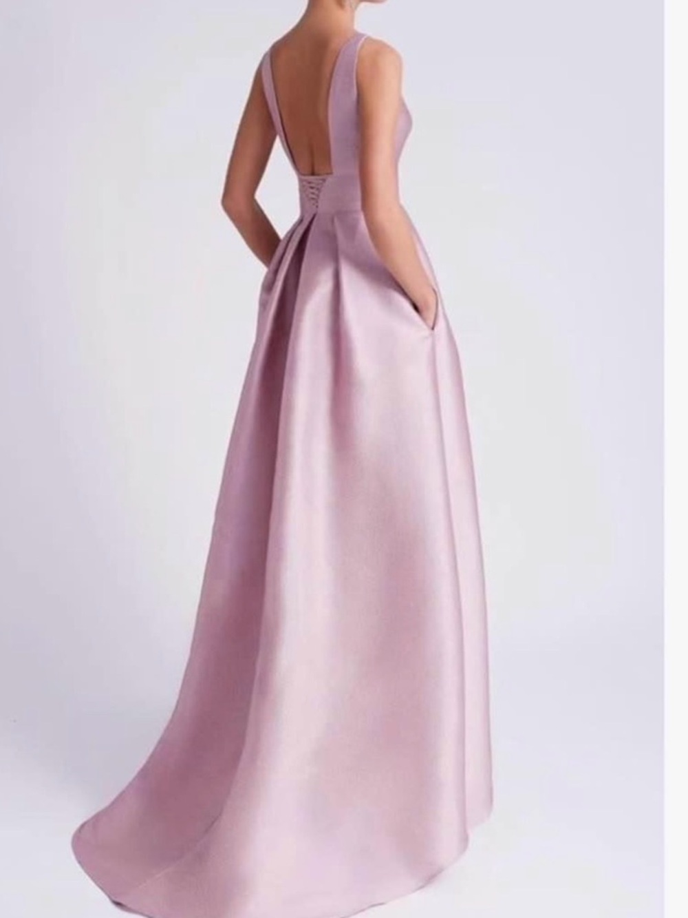 Elegant Satin Hi-Low Dress w/ Lace-Up Back & Pockets – Size S - Picture 13 of 13